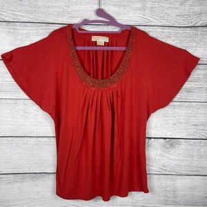 Michael Kors Red Orange Pleated with Studded Neck Flowy Top Sz Lg